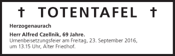 Anzeige von Totentafel vom 22.09.2016 von MGO