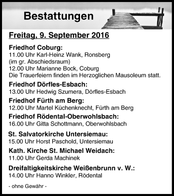Anzeige von Bestattungen vom 09.09.2016 von MGO