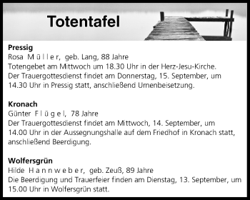 Anzeige von Totentafel vom 13.09.2016 von MGO