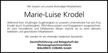 Anzeige von Marie-Luise Krodel von MGO