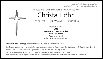 Anzeige von Christa Höhn von MGO