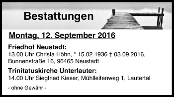 Anzeige von Bestattungen vom 12.09.2016 von MGO