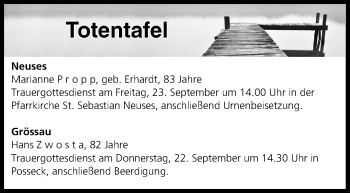 Anzeige von Totentafel vom 21.09.2016 von MGO