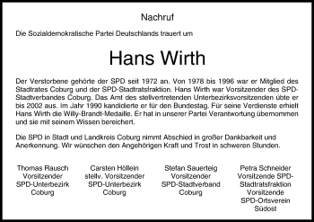 Anzeige von Hans Wirth von MGO