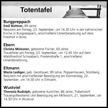 Anzeige von Totentafel vom 21.09.2016 von MGO