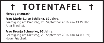 Anzeige von Totentafel vom 17.09.2016 von MGO