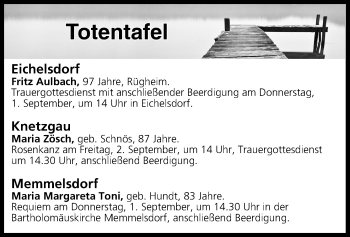 Anzeige von Totentafel vom 01.09.2016 von MGO