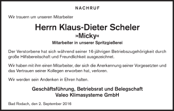 Anzeige von Klaus-Dieter Scheler von MGO