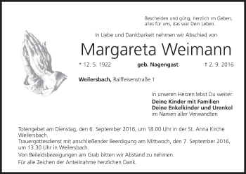 Anzeige von Margareta Weimann von MGO
