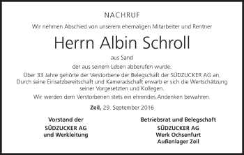 Anzeige von Albin Schroll von MGO