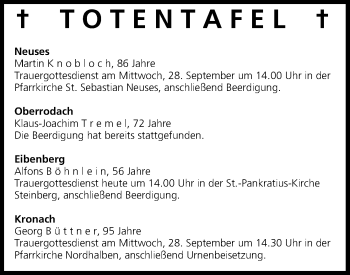 Anzeige von Totentafel vom 27.09.2016 von MGO