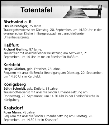 Anzeige von Totentafel vom 20.09.2016 von MGO