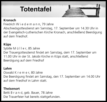 Anzeige von Totentafel vom 17.09.2016 von MGO