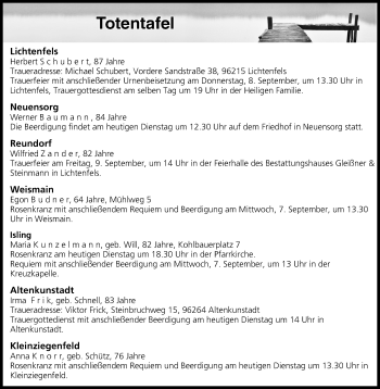 Anzeige von Totentafel vom 06.09.2016 von MGO