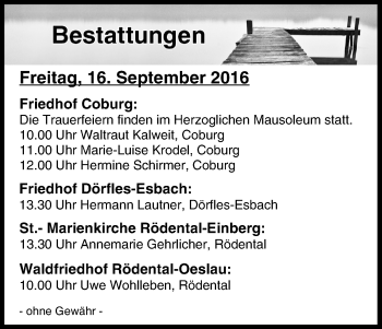 Anzeige von Bestattungen vom 16.09.2016 von MGO