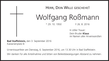 Anzeige von Wolfgang Roßmann von MGO