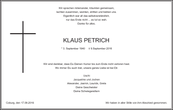Anzeige von Klaus Petrich von MGO