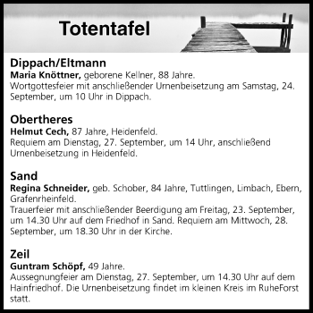 Anzeige von Totentafel vom 23.09.2016 von MGO