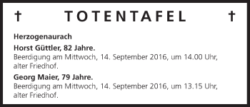 Anzeige von Totentafel vom 13.09.2016 von MGO