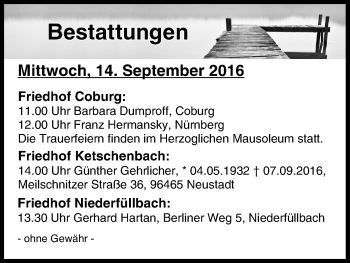 Anzeige von Bestattungen vom 14.09.2016 von MGO