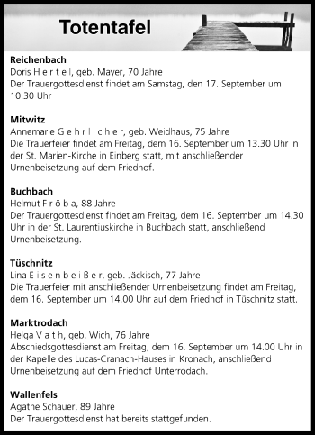 Anzeige von Totentafel vom 16.09.2016 von MGO
