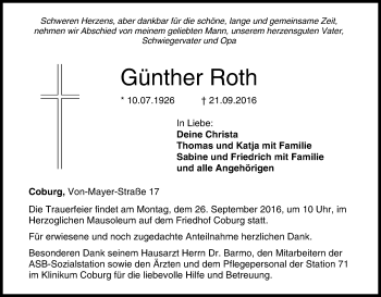Anzeige von Günther Roth von MGO