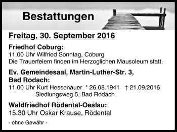 Anzeige von Bestattungen vom 30.09.2016 von MGO
