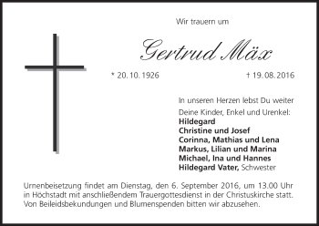 Anzeige von Gertrud Mäx von MGO