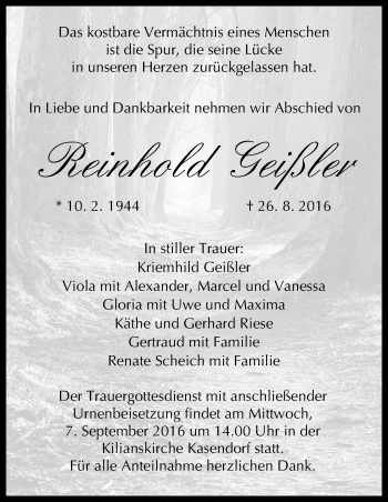 Anzeige von Reinhold Geißler von MGO