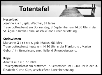 Anzeige von Totentafel vom 06.09.2016 von MGO