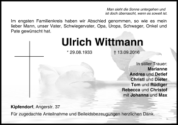Anzeige von Ulrich Wittmann von MGO