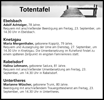 Anzeige von Totentafel vom 22.09.2016 von MGO