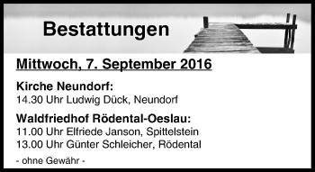 Anzeige von Bestattungen vom 07.09.2016 von MGO