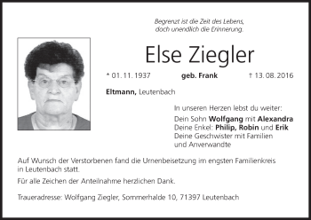 Anzeige von Else Ziegler von MGO