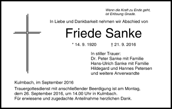 Anzeige von Friede Sanke von MGO