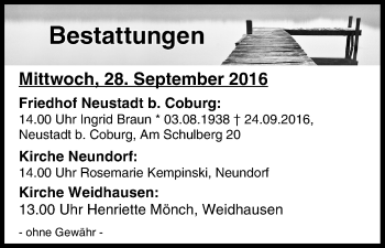 Anzeige von Bestattungen vom 28.09.2016 von MGO