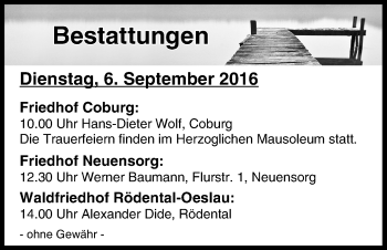 Anzeige von Bestattungen vom 06.09.2016 von MGO