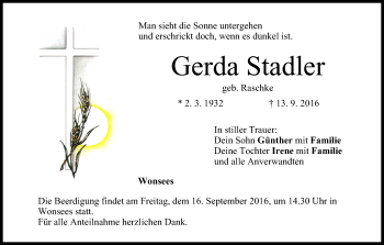 Anzeige von Gerda Stadler von MGO