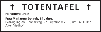 Anzeige von Totentafel vom 19.09.2016 von MGO