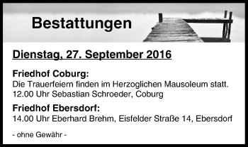 Anzeige von Bestattungen vom 27.09.2016 von MGO