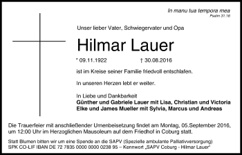 Anzeige von Hilmar Lauer von MGO