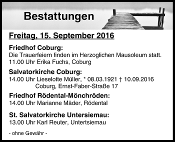 Anzeige von Bestattungen vom 15.09.2016 von MGO
