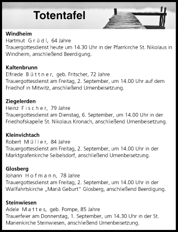 Anzeige von Totentafel vom 01.09.2016 von MGO