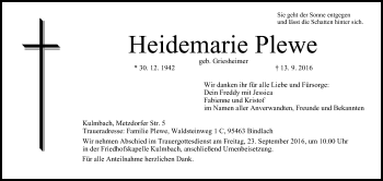 Anzeige von Heidemarie Plewe von MGO