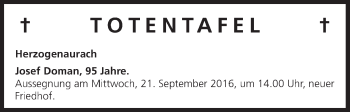 Anzeige von Totentafel vom 20.09.2016 von MGO
