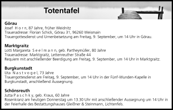 Anzeige von Totentafel vom 08.09.2016 von MGO