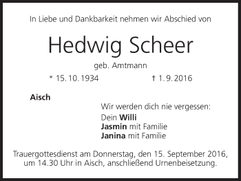 Anzeige von Hedwig Scheer von MGO