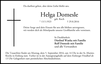 Anzeige von Helga Domesle von MGO