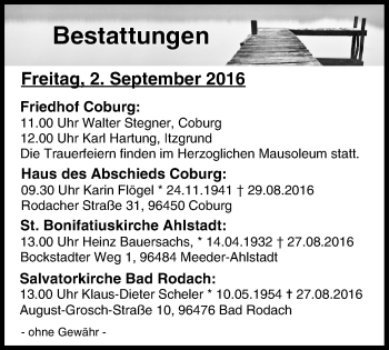 Anzeige von Bestattungen vom 02.09.2016 von MGO