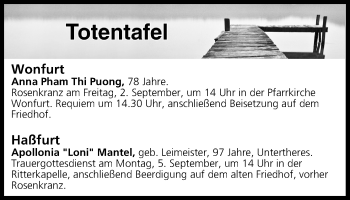 Anzeige von Totentafel vom 02.09.2016 von MGO